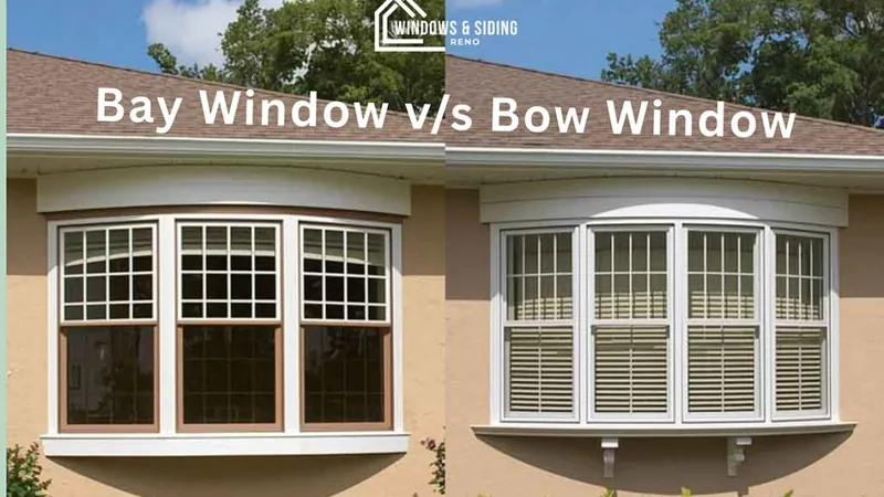 Side-by-side comparison photograph captioned Bay Window v/s Bow Window: a three-unit angled bay on the left and a four-unit curved bow with corbel brackets on the right, both set into tan stucco walls