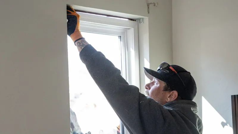 Installer setting and aligning a new double-hung window from inside the opening