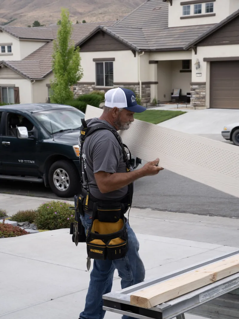 Crew member in a harness carrying a vented soffit plank across a driveway