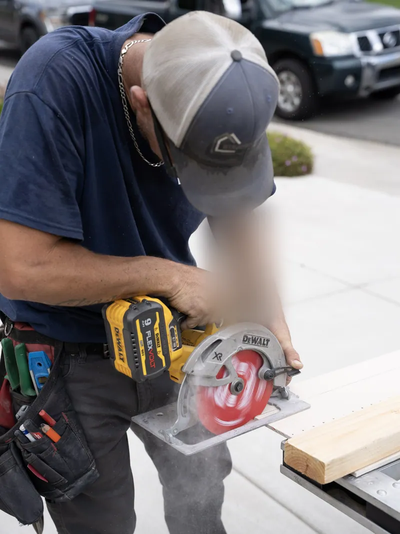 Circular saw cutting fiber-cement siding with dust flying