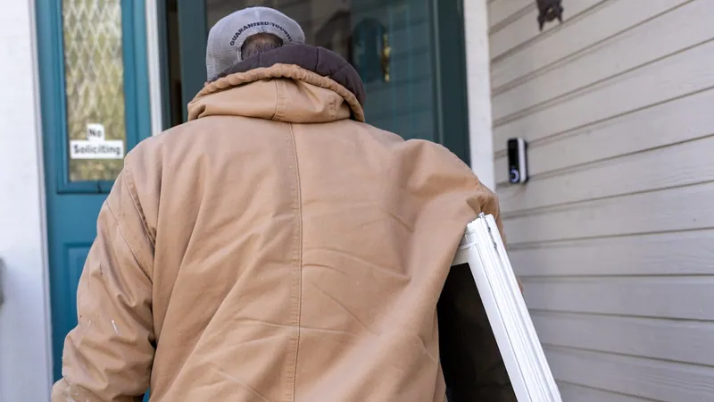 An installer carries a white window toward a front entry with a teal door and a leaded glass sidelight