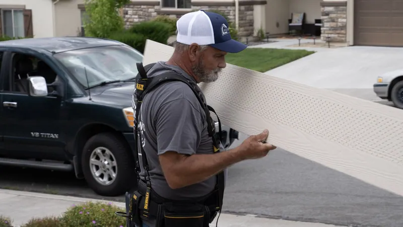 A Windows and Siding Reno installer in a logo cap carries a long woodgrain soffit panel past a pickup truck