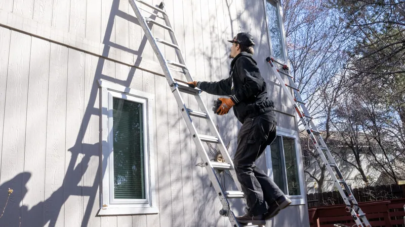 An installer in a black jacket and cap climbs an aluminum ladder beside a window on a pale gray vertical siding house