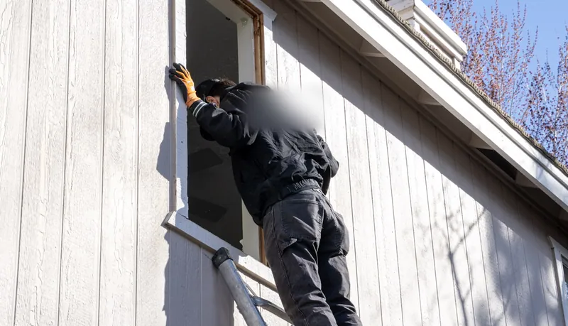 An installer on a ladder leans into an emptied upper window opening in a wall of grey vertical panel siding