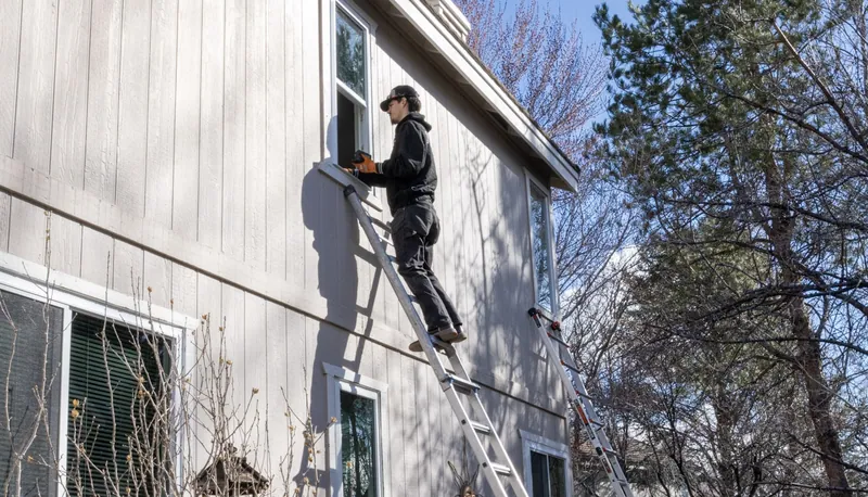 Wide view of an installer on a ladder at a second floor window of a house with pale vertical siding and tall trees beside it