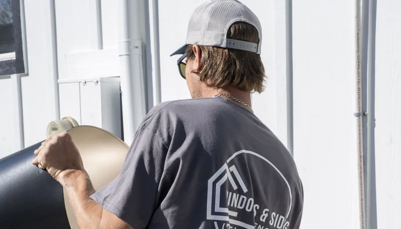A Windows and Siding Reno installer lifts a roll of black and tan trim coil beside white board and batten siding