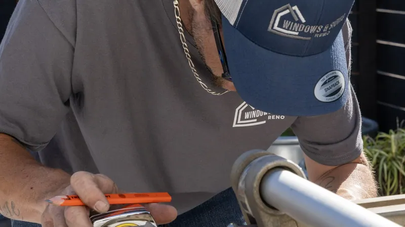 A Windows and Siding Reno installer in a logo cap holds an orange carpenter pencil and a tape measure at a metal brake