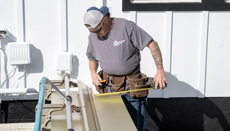 A Windows and Siding Reno installer measures trim coil on a siding brake in front of a white board and batten wall