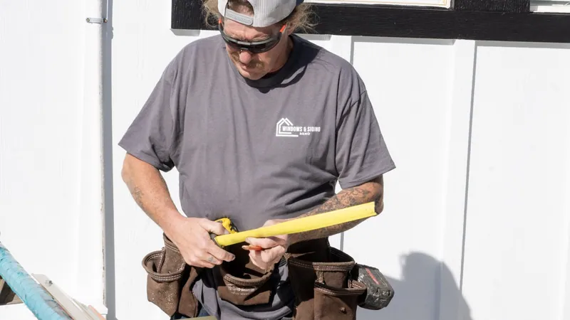 A Windows and Siding Reno installer in a tool belt reads a tape measure in front of a white board and batten wall