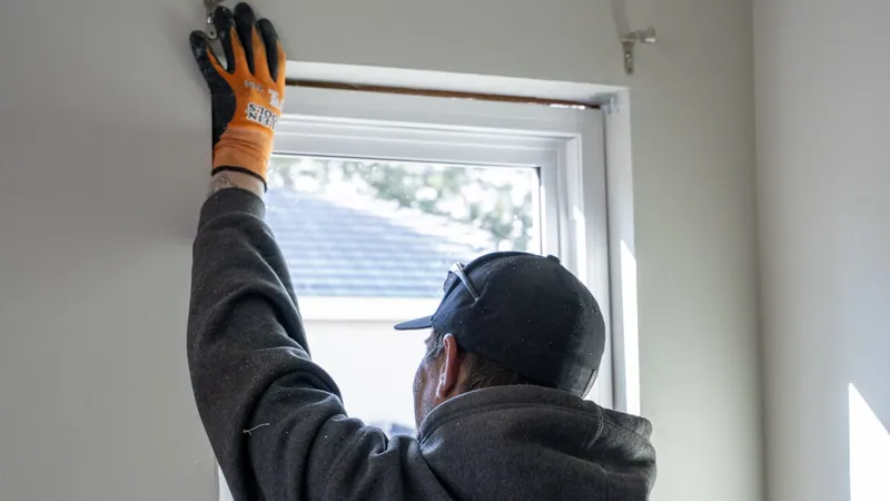 An installer in a dark hoodie and cap reaches a gloved hand up to the top corner of a white window inside a room